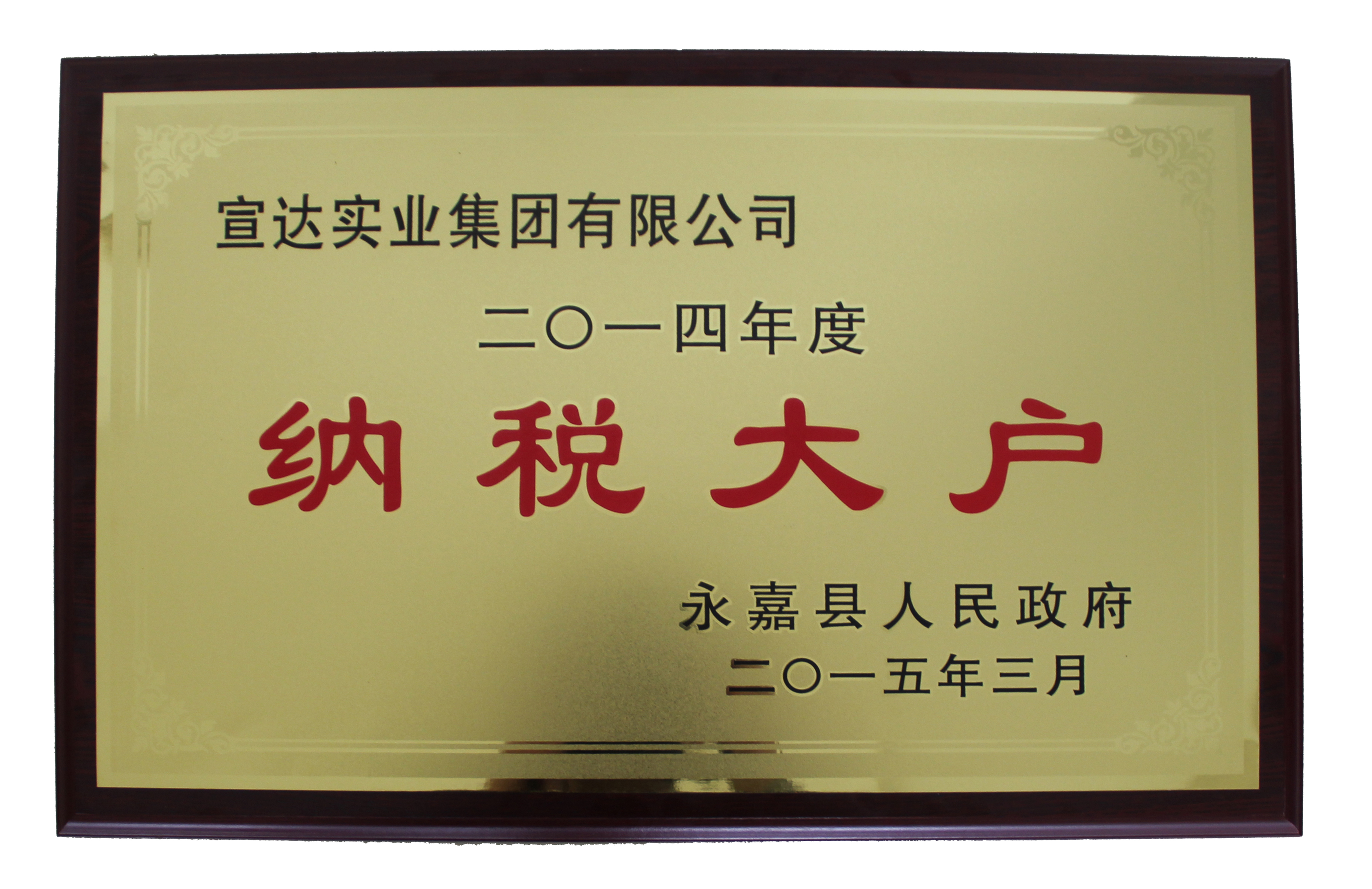 九州平台网站（中国）有限公司被授予“2014年度永嘉县纳税大户”